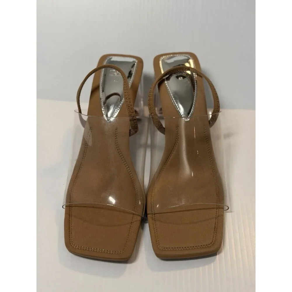 Zara Clear Strap Nude Block Heel Sandals